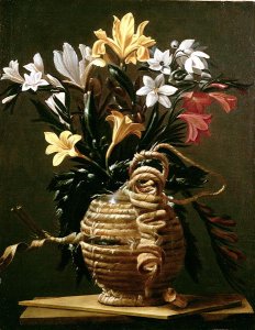 Still Life of Flowers in a straw-covered Flask