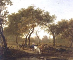 Two peasants with a herd of cattle on a wooded path leading to a lake