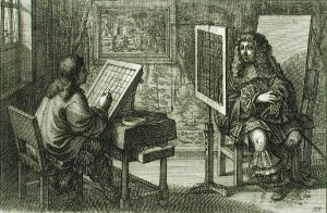 Artist painting a portrait over a grid for accurate proportion, printed Paris 1737