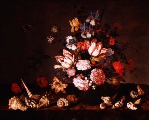 Still life of a vase of flowers with shells