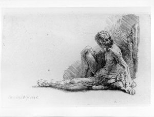 Nude Man Seated on the Ground with One Leg Extended