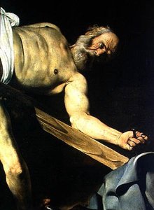 The Crucifixion of St. Peter, detail of St. Peter, 1600-01