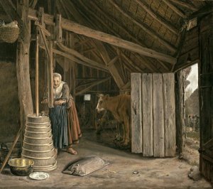 Barn Interior with a Maid Churning Butter