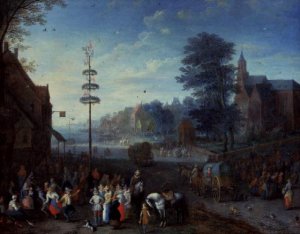 Village kermesse with villagers dancing round a maypole and travellers on a road