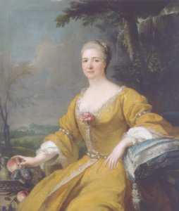 Portrait of the Duchess of Luxembourg, in an embroidered yellow dress, before a fountain, a landscape beyond