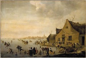 Skaters on a frozen lake at the edge of a town 1653